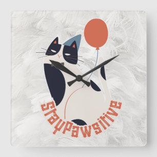 Blijf Positief   Elegante Tuxedo Kat Whimsisch Acr Vierkante Klok