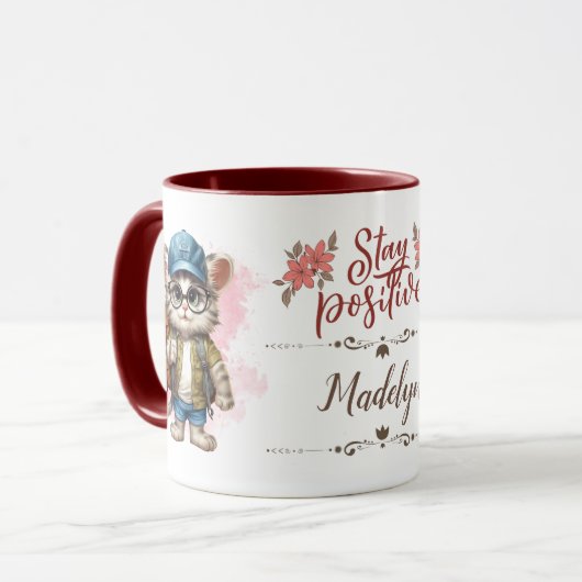 Blijf positieve kat dragen rugzak gepersonaliseerd mok (Voorkant links)