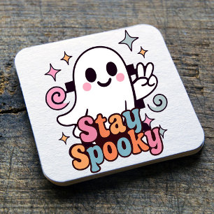 Blijf Spooky Groovy Ghost Retro Pastel Halloween Vierkante Kartonnen Onderzetter