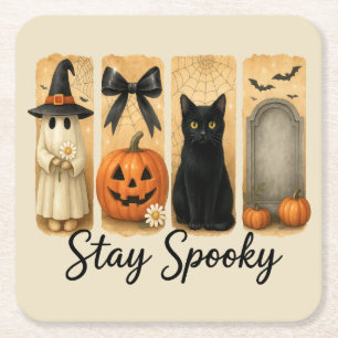 Blijf Spooky Halloween Brush Stroke Cat Vierkante Kartonnen Onderzetter