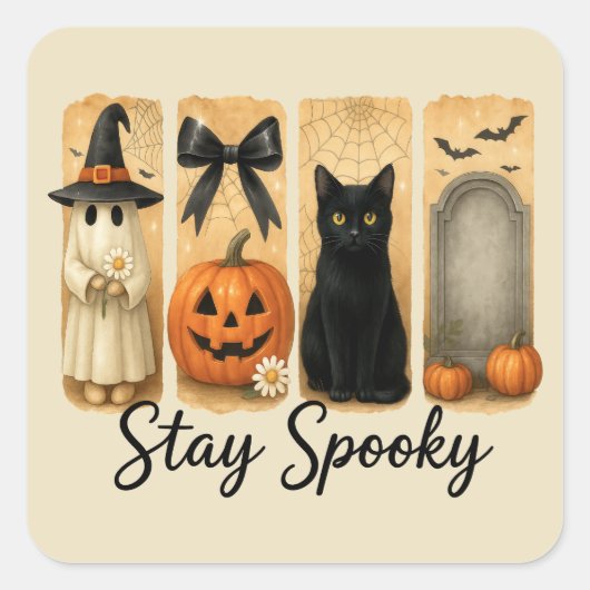 Blijf Spooky Halloween Brush Stroke Cat Vierkante Sticker (Voorkant)