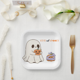Blijf Spooky Schattige Ghost & Pumpkin Halloween P Papieren Bordje