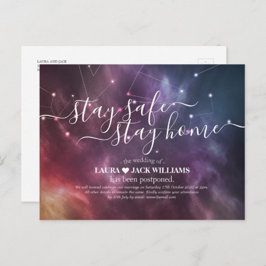 Blijf thuis en blijf veilig met het uitstellen van aankondigingskaart (Voorkant / Achterkant)