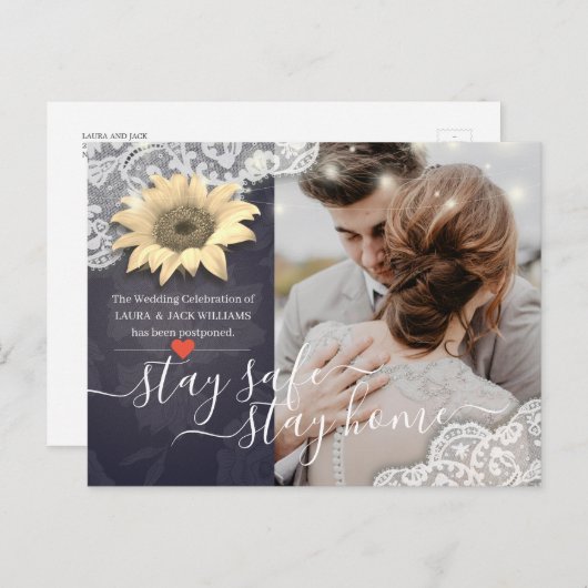 Blijf thuis en blijf veilig voor bruiloft Uitstel Aankondigingskaart (Voorkant / Achterkant)