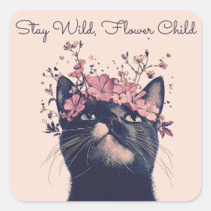 Blijf Wild, Bloem Kind Kat Bloemen Boho Vierkante Sticker