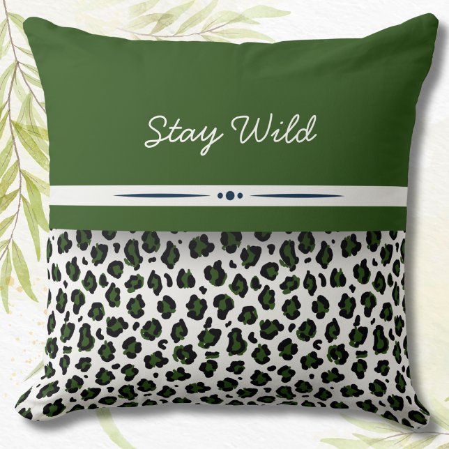 Blijf Wild Leopard Print Oerwoud Groen Sierkussen (Stay Wild Leopard Print Jungle Green Throw Pillow)