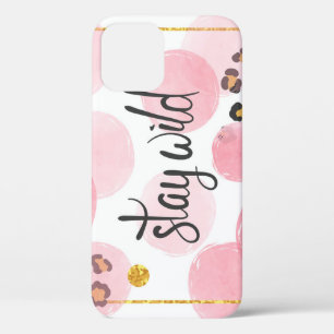 Blijf wild, luipaard print, roze cirkels iPhone 12 hoesje