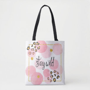 Blijf wild, luipaard print, roze cirkels draagtas