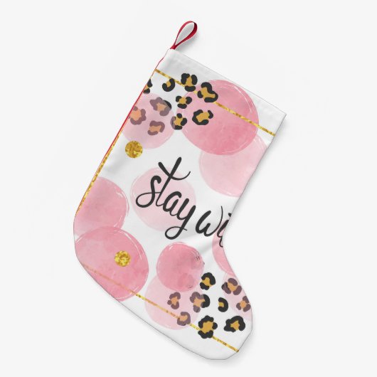 Blijf wild, luipaard print, roze cirkels kleine kerstsok (Voorkant (Hangend))