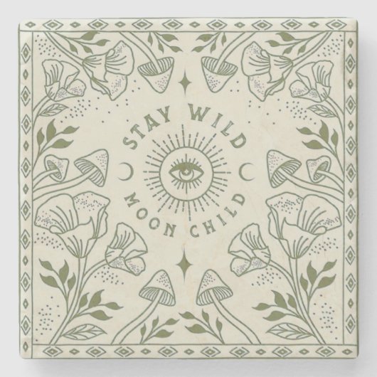 Blijf Wild Moon Child Bohemian Sage Green Pillow Stenen Onderzetter (Voorkant)