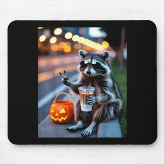 Blijf wilde wasbeer die ijs-koffie drinkt hallowee muismat