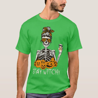 Blijf Witchy Skeleton Drink Messy Bun Leopard Ha T-shirt