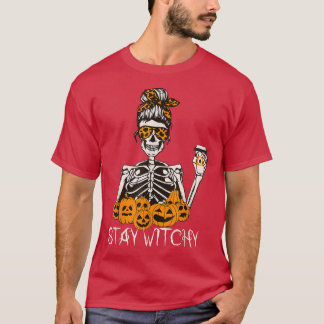 Blijf Witchy Skeleton Drink Messy Bun Leopard Ha T-shirt