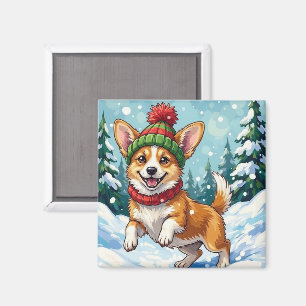 Blijhartige Corgi-hond die in de sneeuw springt me Magneet