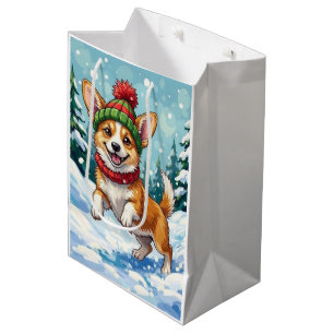 Blijhartige Corgi-hond die in de sneeuw springt me Medium Cadeauzakje