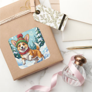 Blijhartige Corgi-hond die in de sneeuw springt me Vierkante Sticker
