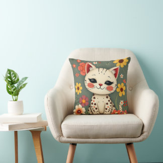 Blijte Gevlekte Kat met Bloemen Kussen