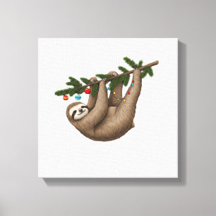 Blijte luiaard op kerstboomtak met ornament canvas afdruk
