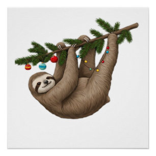 Blijte luiaard op kerstboomtak met ornament perfect poster