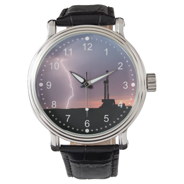 Bliksem, olieboorinstallatie, Paarse Oranje zonsop Horloge (Voorkant)
