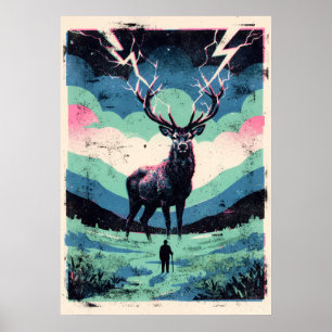 Bliksemhert en eenzaam figuur retro kunst poster