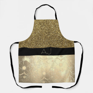 Bling Bling Goud Glitter en Zwarte Bloem Initialen Schort
