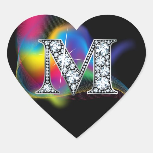 Bling diamant "M" sur Sticker Coeur arc-en-ciel (Devant)