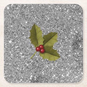Bling Kerstmis Holly Berry Leaf Silver Glitter Vierkante Kartonnen Onderzetter