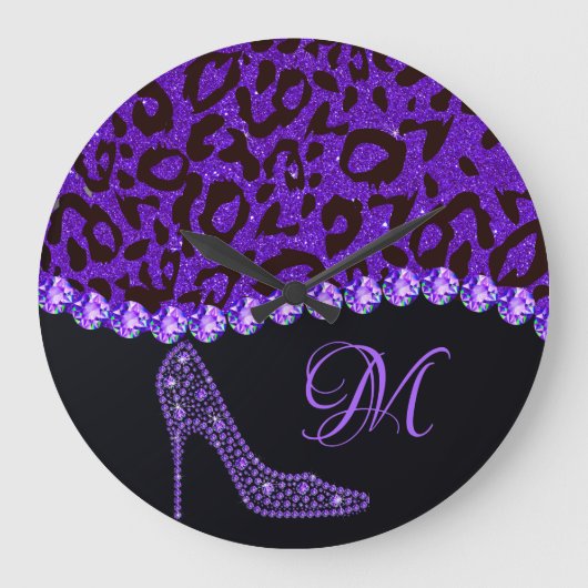 Bling Sparkle Diamond Glitter Leopard Paars Grote Klok (Voorkant)