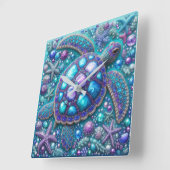 Bling Zee Schildpad Blauw Paarse Blauwgroen Vierkante Klok (Hoek)