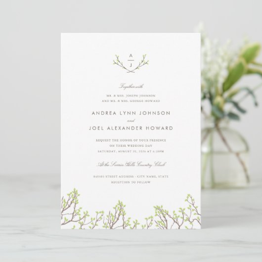Blisser Branches Monogramme Faire-part de mariage (Debout devant)