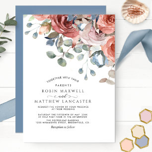 Blissful Floral Dusty Blue en Blush Wedding Kaart