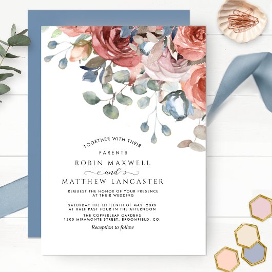 Blissful Floral Dusty Blue en Blush Wedding Kaart