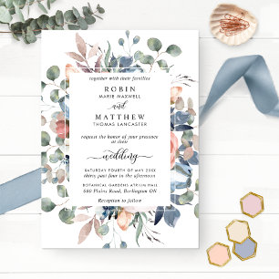 Blissful Floral Dusty Blue en Greenery Wedding Kaart