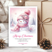 Blissful pink snowman kids card editable download feestdagenkaart