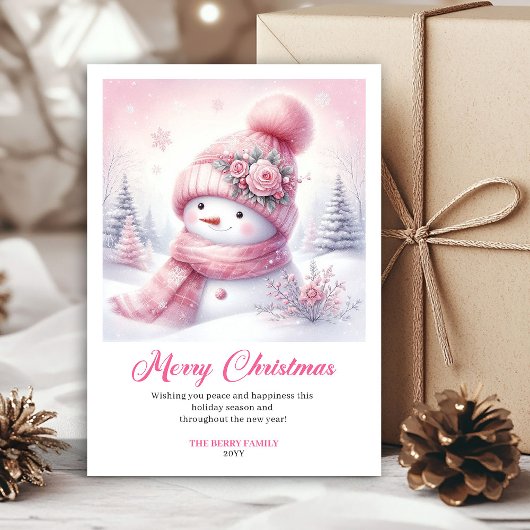 Blissful pink snowman kids card editable download feestdagenkaart
