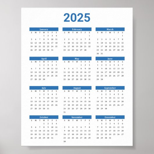 Bliue en Wit 2025 Jaar in een oogopslag Kalender Poster (Voorkant)