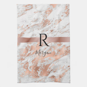 Blk Naam/Monogram Wit & Roze Goud Marmer Glitters Theedoek