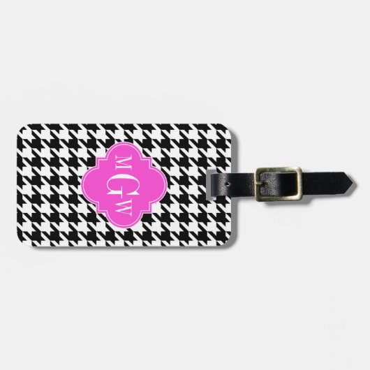 Blk Whoundstooth Hot Pink Quatrefoil 3 Monogram Bagagelabel (Voorkant horizontaal)