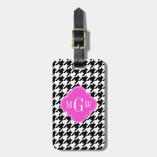 Blk Whoundstooth Hot Pink Quatrefoil 3 Monogram Bagagelabel (Voorkant verticaal)