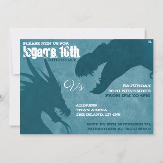 Bllue Dragon Vs T-Rex Silhouette Invitations (Devant)