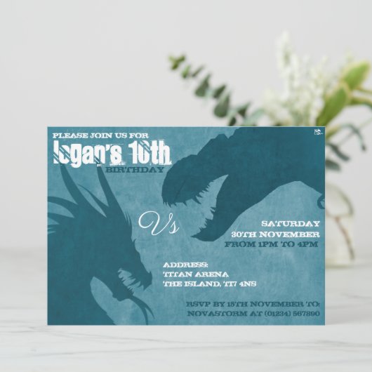 Bllue Dragon Vs T-Rex Silhouette Invitations (Debout devant)