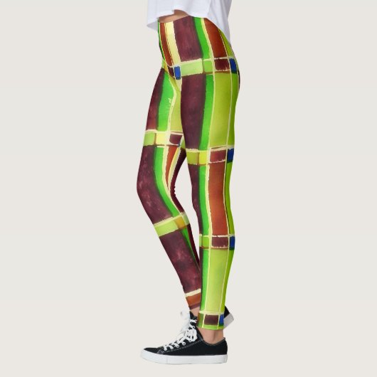 Bloc de couleur Abstrait Art Vert Brown Leggings (Gauche)
