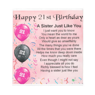 Bloc-note 21ème poème heureux de soeur d'anniversaire