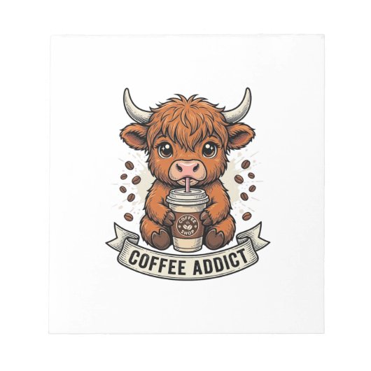 Bloc-note Accro au café Vache des Highlands Mignonne Gravure (Devant)