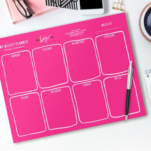 Bloc-note Ajouter Logo Simple Girly Bright Pink Weekly Plann