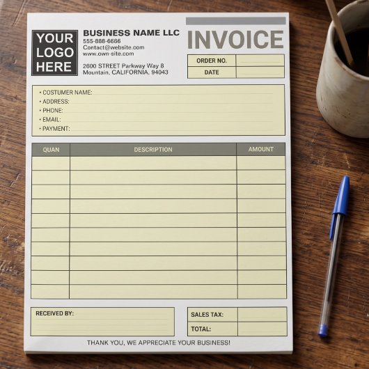 Bloc-note Ajouter un logo Bloc de vente de l'entreprise Form