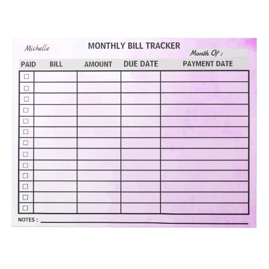 Bloc-note Ajouter votre nom Mois Bill Tracker Aquarelle (Devant)