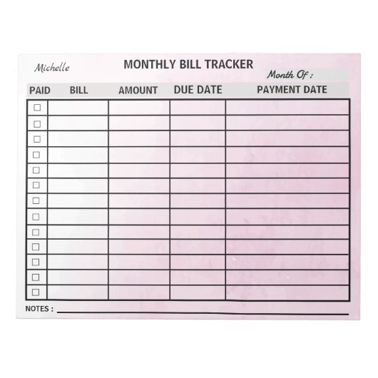 Bloc-note Ajouter votre nom Mois Bill Tracker Aquarelle (Devant)
