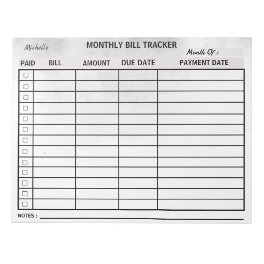 Bloc-note Ajouter votre nom Mois Bill Tracker Aquarelle (Devant)